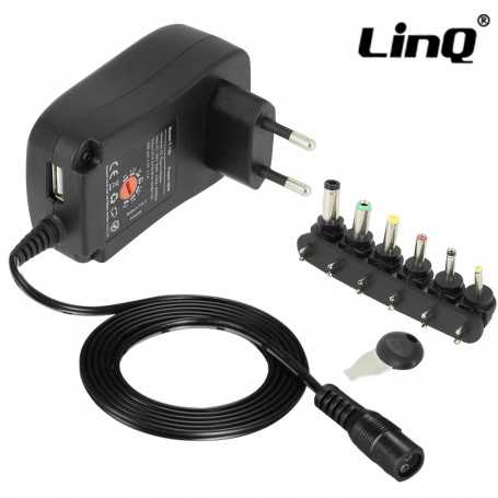 Universal Mains Charger 30W 3 to 12V, 6 Nozzles + USB Port LinQ T-129