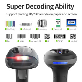 Barcode Reader, Scanner - Wireless Barcode Scanner X-15398,, 1D 2D QR, Bluetooth 2.4G USB, Charging Cradle, 2000mAh, 512KB Stora