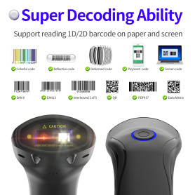 Barcode Reader, Scanner - Wireless Barcode Scanner X-35169, 1D 2D QR, Bluetooth 2.4G USB, Charging Cradle, 2000mAh, 512KB Storag