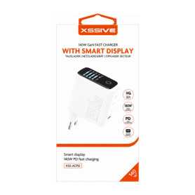 Adaptateur, Bloc d'alimentation - Chargeur Rapide GaN PD 140W avec Écran Intelligent 3× USB-C + 1× USB-A XSSIVE XSS-AC89 - Blanc