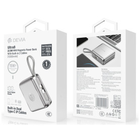 Devia Ultra9 10,000mAh 22.5W Magnetic Power Bank with Lightning + USB-C Cables - Silver