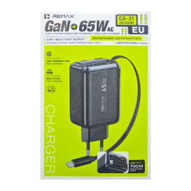Chargeur USB, Adaptateur Secteur - Chargeur GaN Pliable REMAX Landrover CA-31 (ACC65W), Câble USB-C Rétractable 70 cm, Charge Ra