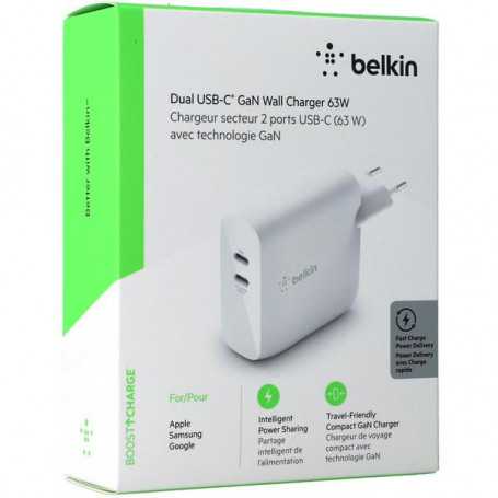 Belkin BOOST↑CHARGE™ 2-Port USB-C PD Mac/PC 63W GaN Power Adapter