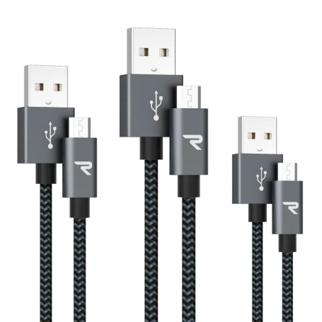 USB / Micro Nylon Braided Cable RAMPOW RAA-17 Grey/Black - 1m/2m/3m - Pack of 3