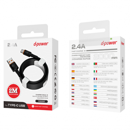 USB / Type-C cable - D-power F2002 - 2M Black