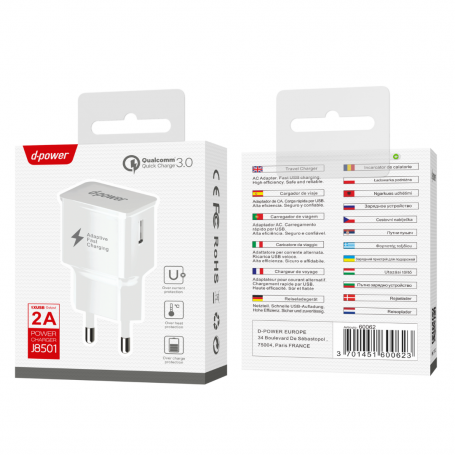 Adaptateur Secteur USB à Recharge Rapide - D-power J8501 - Blanc