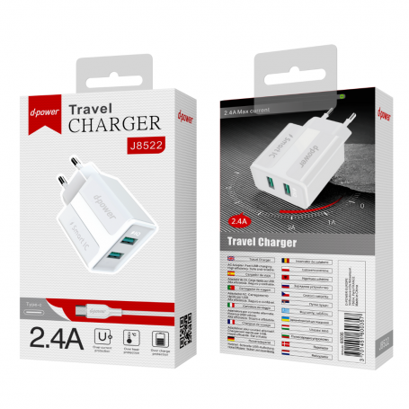 2USB / Type-C Travel Charger Kit - D-power J8522 - White