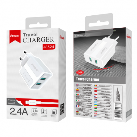 Kit Chargeur de Voyage 2USB / Lightning - D-power J8524 - Blanc