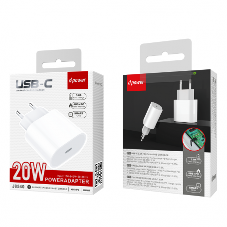 Adaptateur Secteur Type-C 20W PD - D-power J8540 - Blanc