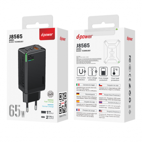 Power Adapter 65W 3 Ports 1USB + 2 Type-C - D-power J8565 - Black