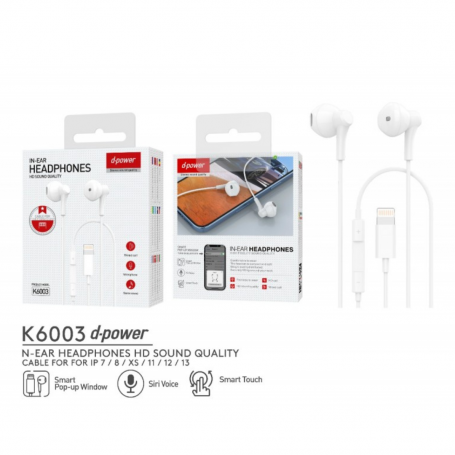 Lightning Hands-Free Kit Headphones - D-power K6003 - White