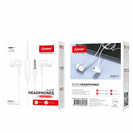 Headphones Hands-Free Kit Jack 3.5mm - D-power K6011 - White