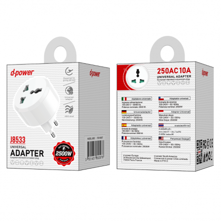 Adaptateur Secteur Universel 6A Max- D-power J8533 - Blanc