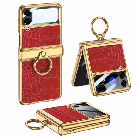 Samsung Galazy Z Flip 4 Protective Case - Red and Gold Crocodile Effect