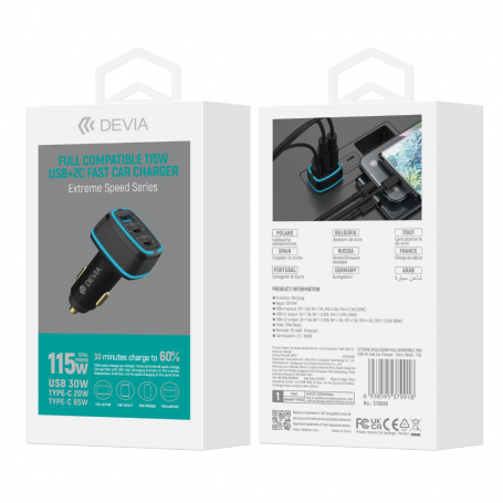 Chargeur Allume-Cigare Full Compatible 1 USB + 2 USB-C 115W - Devia Extreme Speed Series - Noir