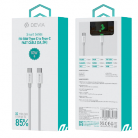 Type-C / Type-C Fast Charging Cable - Devia Smart Series - PD 60W 3A 2M - White