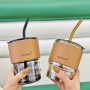 Portable Cup with Lid/Straw/Leather Protection- Brown