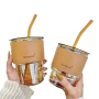 Portable Cup with Lid/Straw/Leather Protection- Brown