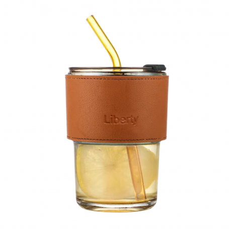 Portable Cup with Lid/Straw/Leather Protection- Brown