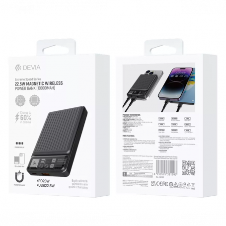 Devia Extreme Speed ​​Series 10000mAh Wireless Magnetic Power Bank - 22.5W Black