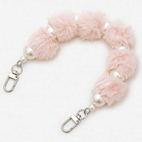 Phone Case Necklace with Korean pink pom-pom, silver clasp, approximately 30 cm.