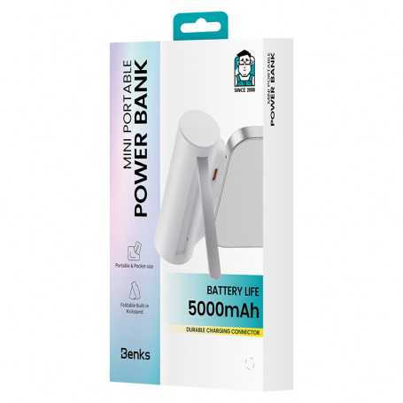 Mini Power Bank portable 5000mAh Benks avec connecteur Type-C - Blanc