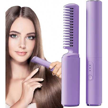 Rechargeable, Fast Heating Straightening Brush for Thick, Curly, and Soft Hair - Purple