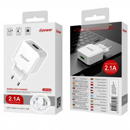 Kit Chargeur Micro USB 2.1A - D-power J8526 - Blanc