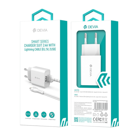 Kit Chargeur USB*2 12W + Câble Lightning  - Devia Smart Series