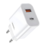 Adaptateur Secteur 2 Ports USB-A + USB-C à Recharge Rapide - REMAX Surie - PD+QC 20W RP-U68 Blanc (EU)