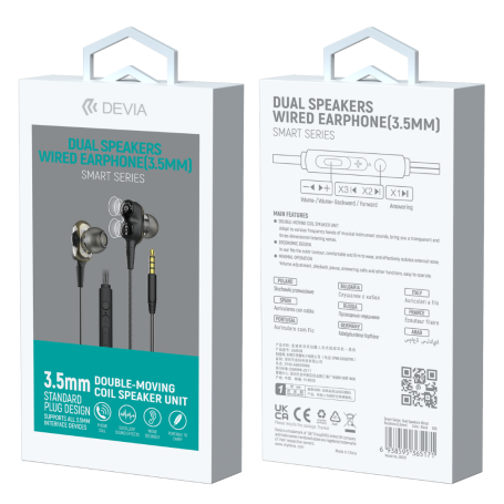 Devia Smart Series Dual Dynamic 3.5mm Jack Wired In-Ear Headphones - Black