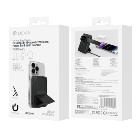 Magnetic Wireless Power Bank 10000 mAh with Support Extreme Speed ​​Series Devia 20W - Black