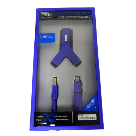 USB*2 Car Charger Kit + Lightning Cable TYLT 2.1A MFi - Blue