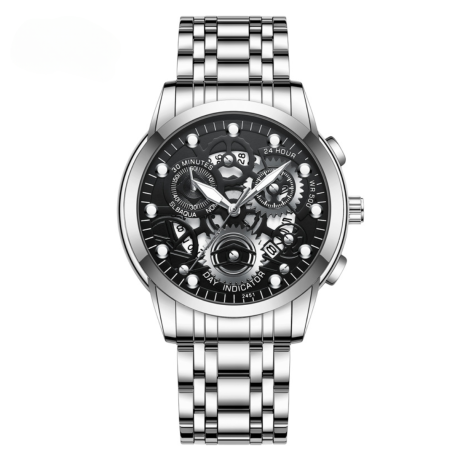 Montre Homme Lumineux Étanche en Acier Inoxydable 2451HY - Argent Noir