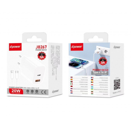 Kit Chargeur Lightning à Recharge Rapide - D-power J8267 - 3A PD20W+QC3.0 - 1M -  Blanc