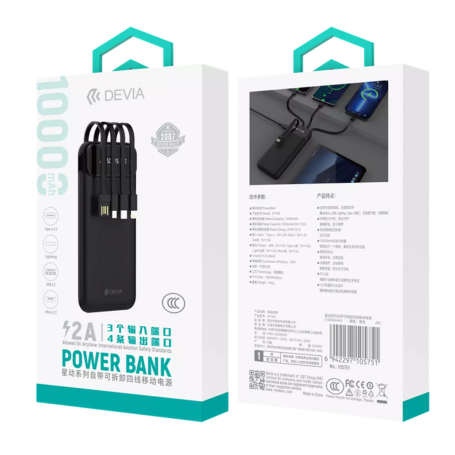 Power Bank avec 4 Câbles Intégrés 10000 mAh - Devia Kintone Series - Noir