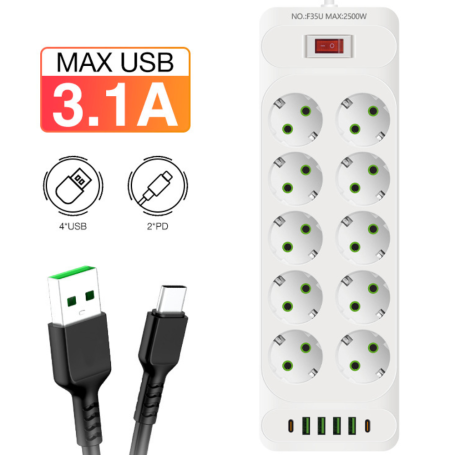 INCOALUXE Power Strip 10 EU Sockets with 4 USB 2 Type-C - 2500W - 2M