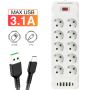 INCOALUXE Power Strip 10 EU Sockets with 4 USB 2 Type-C - 2500W - 2M