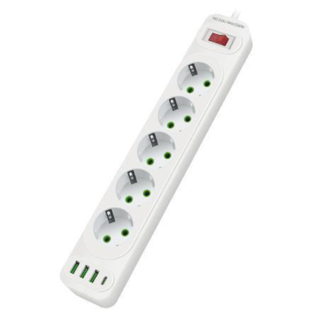 Multiprises INCOALUXE 5 Prises EU avec 3 USB 1 Type-C Blanc - 2M