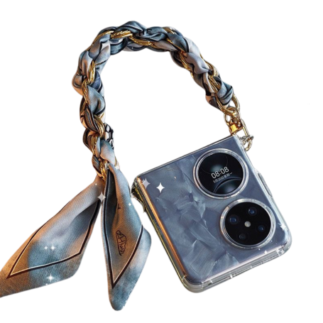 Collier de Coque de Téléphone avec Foulard en Soie Grise Foncée, Fermoir Doré - 32 CM