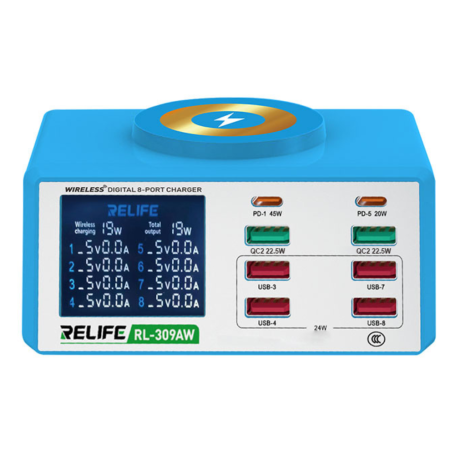 Chargeur à 8 Ports Avec Affichage Numérique + Charge Sans Fil - 100W RELIFE RL-309AW