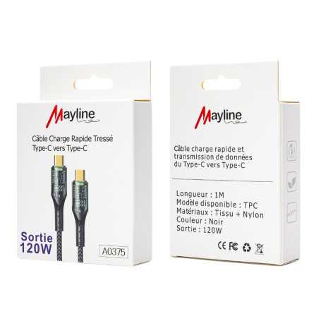 Câble Type-C vers Type-C Tresse nylon 120W - Compatible iPhone/Samsung - Tresse nylon 1M (Mayline)