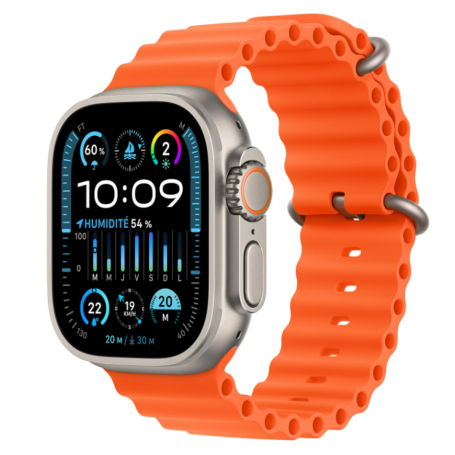 Montre Connectée Apple Watch Ultra 2 Cellular Titane Naturel Bracelet Océan Orange 49 mm MREH3NF/A - Neuf