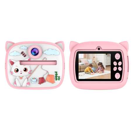 Instant Print Camera for Kids - 12 Megapixels Photo 1080p Video - Pink Cat Design