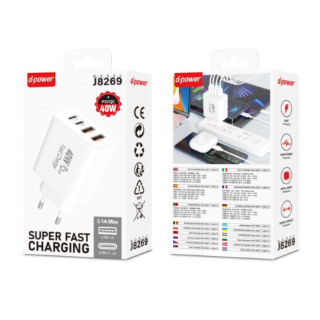 Chargeur PD/QC 2*USB + 2*USB-C 40W - D-power J8269 - Blanc