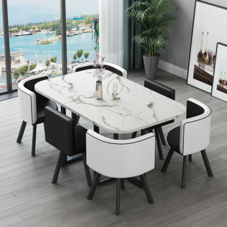 Table 90x150cm with 6 Chairs - Dining Room Set - Black and White