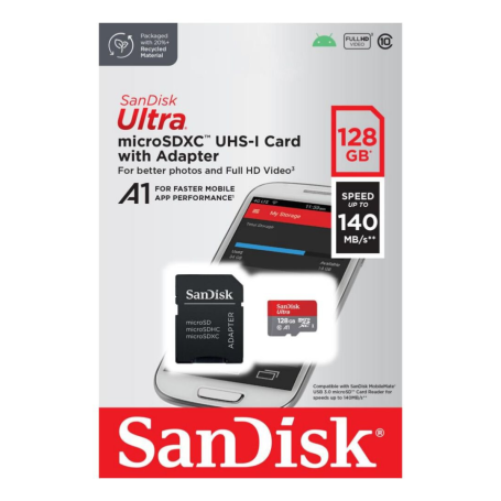 SanDisk Ultra 128 GB UHS-I Class 10 Micro SD Memory Card Up to 140 MB/s + SD Adapter