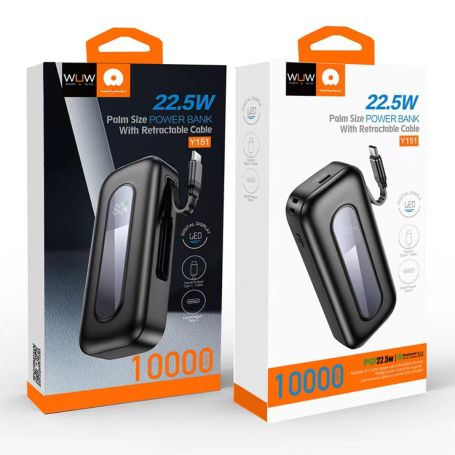 Power Bank WUW-Y151 - 10000mAh, PD22.5W Fast Charging, Type-C Cable - Black