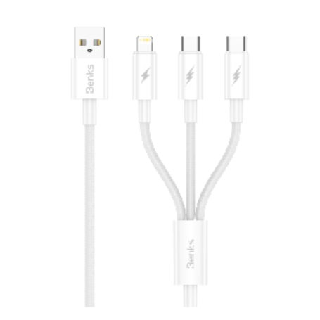 Câble à Recharge Rapide USB / Type C + Type C + Lightning Benks D46 - 1.2 M - Blanc