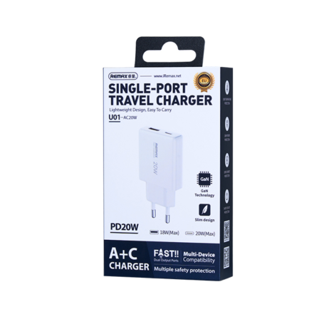 REMAX Ultra Thin GaN Fast Charging Adapter 20W RP-U01-AC - EU - White